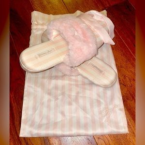 NWT Victoria Secret Satin & Fur pink white striped sli